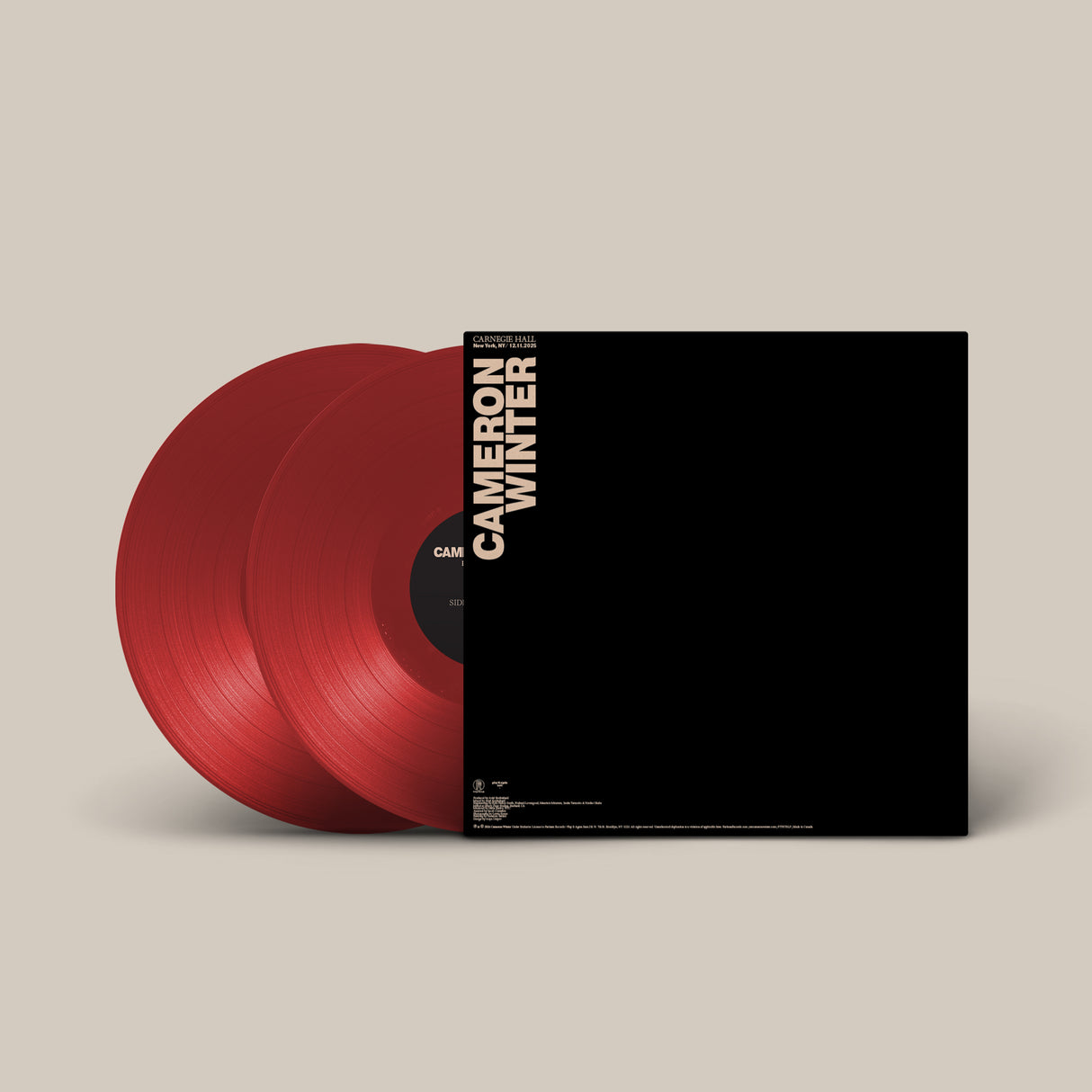 Image of the back sleeve of album by Cameron Winter, featuring two red records partially sticking out of the sleeve with 'Cameron Winter" off white text in top left corner of the sleeve.
