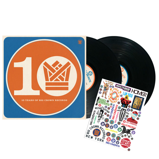 BCR10 - Ten Years of Big Crown Records album cover shown with 2 black vinyl records and a sticker sheet