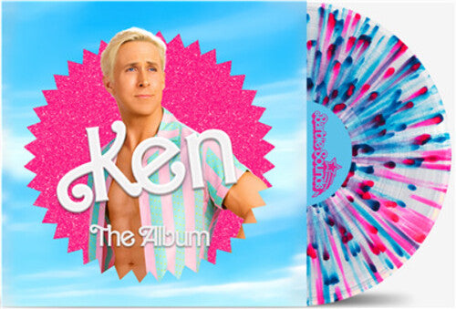 Barbie The Album exclusive Ken album cover, shown with a clear with pink and blue splatter colored vinyl record