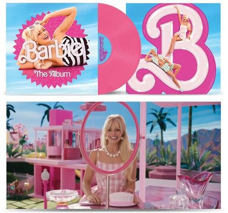 Barbie The Album soundtrack album cover with hot pink vinyl record, with an image of the included poster shown below