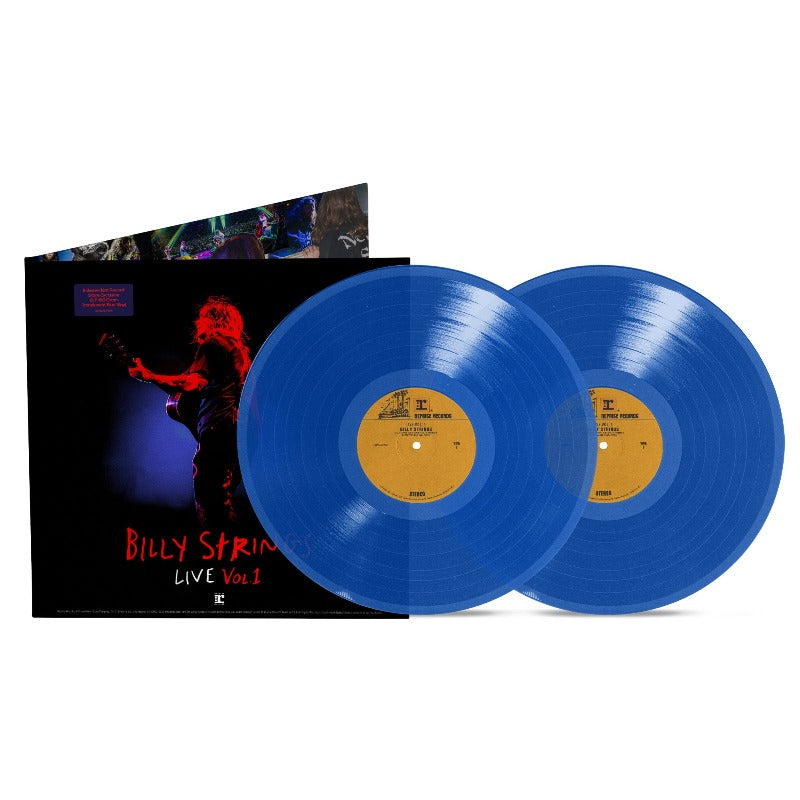 Billy Strings - Live Volume 1 album cover shown with 2 translucent blue vinyl records