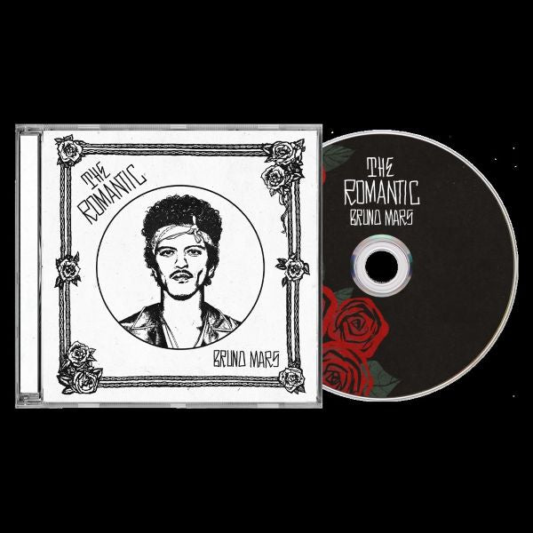 Bruno Mars "The Romantic" CD album cover shown with a black CD with red roses on it