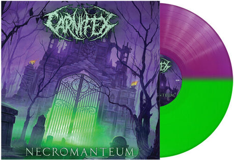 Carnifex - Necromanteum album cover shown with a purple and neon green split-colored vinyl record