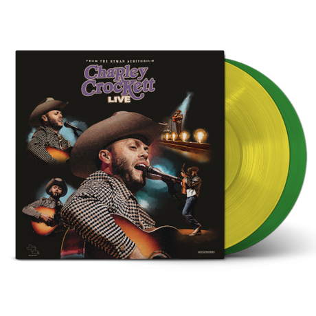 Charley Crockett Live From the Ryman album cover shown with 2 colored vinyl records, one yellow and one green