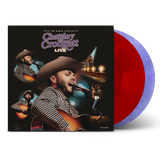 Charley Crockett Live From the Ryman album cover shown with 2 colored vinyl records, one red and one purple