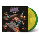 Charley Crockett Live From the Ryman album cover shown with 2 colored vinyl records, one yellow and one green