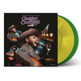 Charley Crockett Live From the Ryman album cover shown with 2 colored vinyl records, one yellow and one green