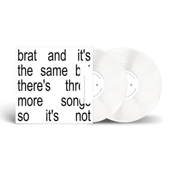 Charli XCX "Brat and it's the same but there's three more songs so it's not" album cover shown with 2 white vinyl records