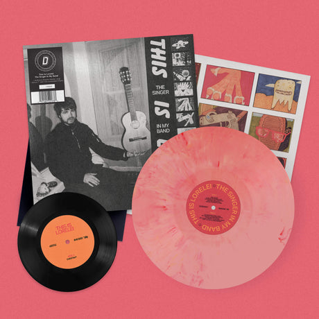 This is Lorelei "The Singer in My Band" album cover shown with a printed insert, red and orange marbled vinyl record, and black 7 inch vinyl set against a pink background