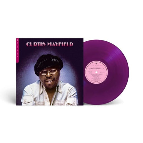 Curtis Mayfield - Now Playing album cover and purple vinyl. 
