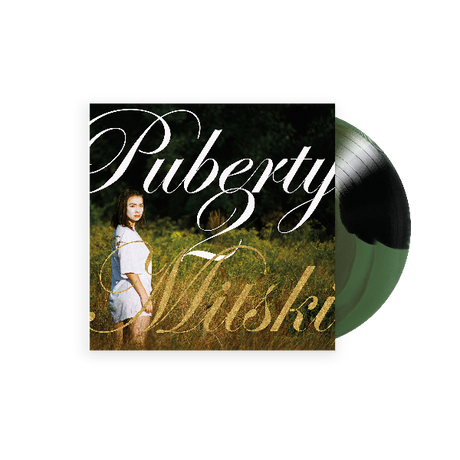 Mitski "puberty 2" album cover shown with a green and black swirl vinyl record