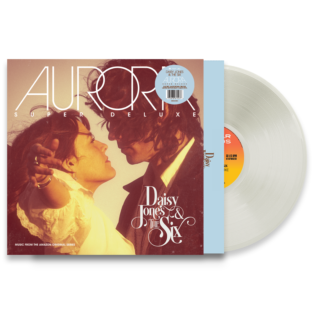 Daisy Jones & the Six - Aurora Super Deluxe Edition album cover shown with milky clear colored vinyl record 