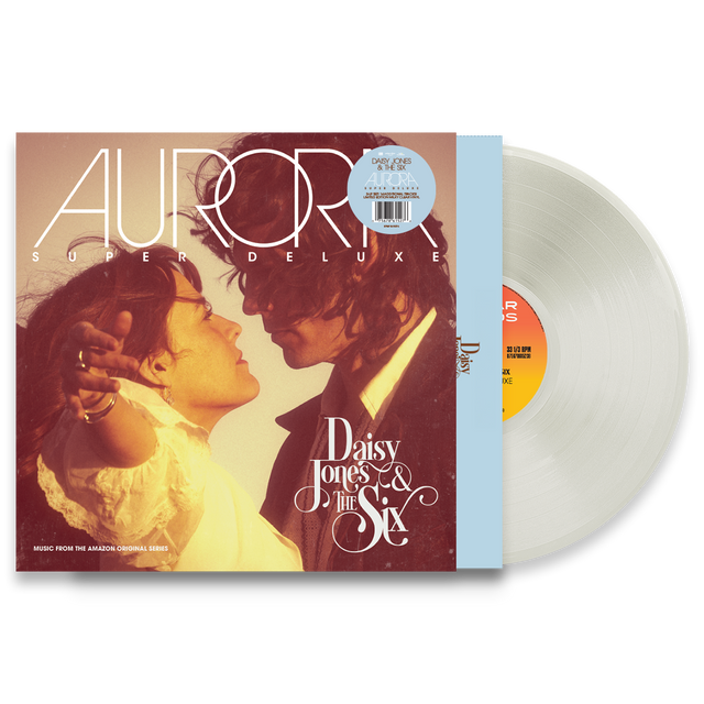 Daisy Jones & the Six - Aurora Super Deluxe Edition album cover shown with milky clear colored vinyl record 