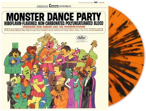 Don Hinson and The Rigamorticians - Monster Dance Party album cover and orange w/ black splatter vinyl. 