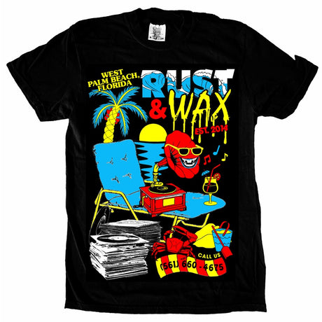 Rust & Wax "Fever Dream" black T-shirt with a design that features a mix of images including a palm tree, beach chair, stacks of records, a crab and more in a blend of 5 different colors (white, blue, yellow, red, and black)