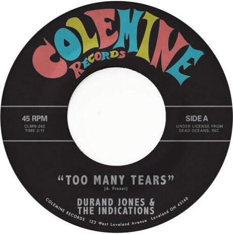 Durand Jones and the Indications - Too Many Tears / Cruisin’ To the Park 7" label. 