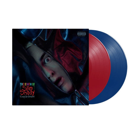 Eminem "The Death of Slim Shady" album cover shown with one red and one blue colored vinyl records