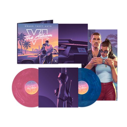 Album cover for Grand Theft Auto VI The Album featuring two video game characters leaning against a car and two records (one pink, one blue)