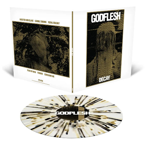 Godflesh - Decay album cover and clear with gold and black splatter vinyl. 