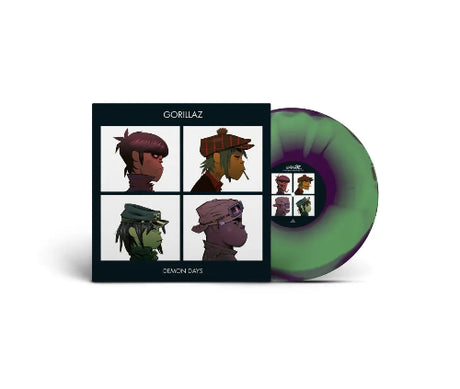 Gorillaz - Demon Days album cover and green / purple vinyl. 