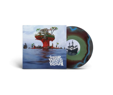 Gorillaz - Plastic Beach album cover and green, blue, and orange vinyl