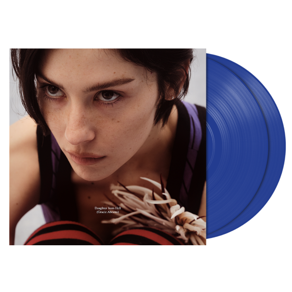 Gracie Abrams "daughter from hell" album cover shown with 2 cobalt blue vinyl records
