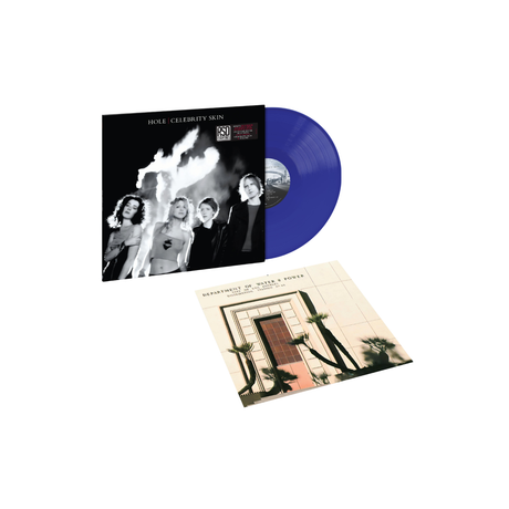 Hole "Celebrity Skin" album cover with its black-and-white cover art and a second illustrated inner sleeve, shown on a plain white background with a blue vinyl record.