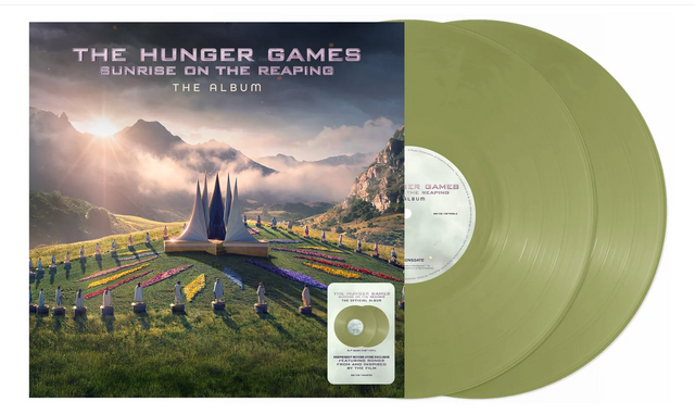 Vinyl record sleeve for The Hunger Games Sunrise On The Reaping the Album showing people standing in a circle around a statue. Also two sage colored records against a white backdrop