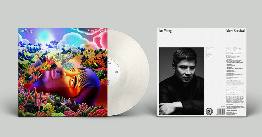 Joe Wong - Mere Survival album cover shown with ivory colored vinyl record, next to the image of the back of the album cover