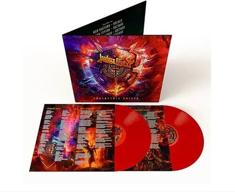 Judas Priest - Invincible Shield album cover, lyric inserts, and 2LP red vinyl. 
