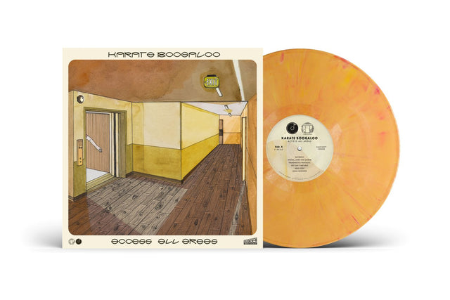 Karate Boogaloo "Access All Areas" album cover, featuring a hallway scene. Shown with a peach colored vinyl record