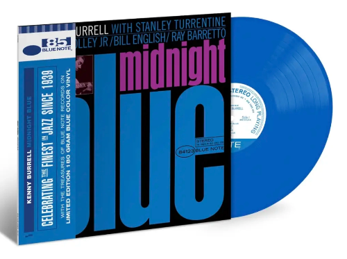 Kenny Burrell - Midnight Blue album cover and blue vinyl. 