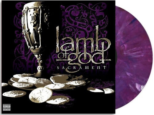 Lamb of God - Sacrament album cover and purple vinyl. 