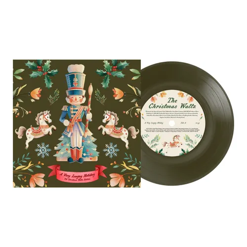 A Very Laufey Holiday: The Christmas Waltz Edition album cover shown with a green 7 inch vinyl record