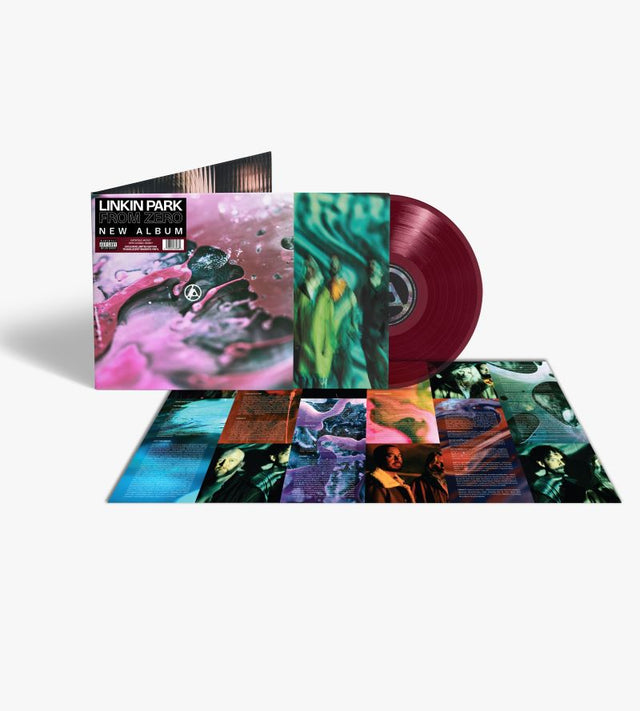 Linkin Park "From Zero" album cover shown with magenta colored vinyl record and poster