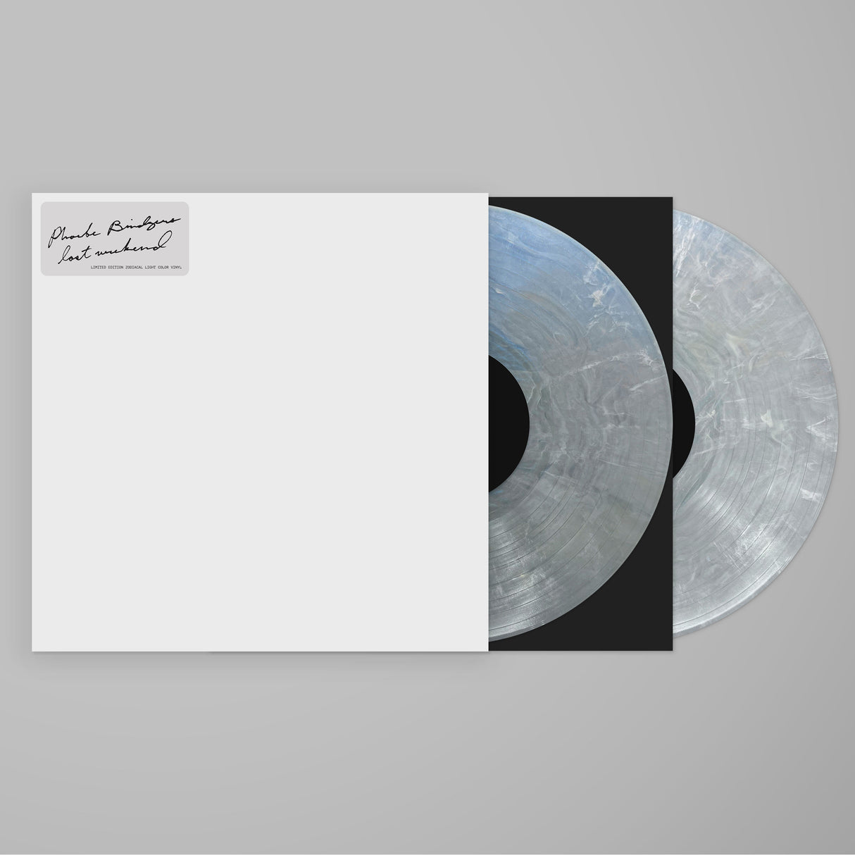 Phoebe Bridgers "Lost Weekend" white label variant album cover shown with two "zodiacal" iridescent colored vinyl records