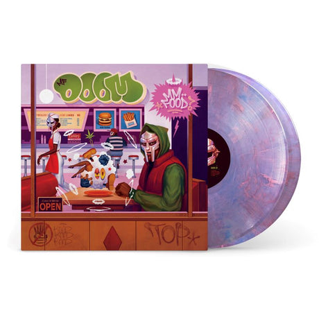 MF DOOM "Mm..Food" 20th anniversary edition album cover shown with 2 light purple "sweet tart" marble swirl colored vinyl records