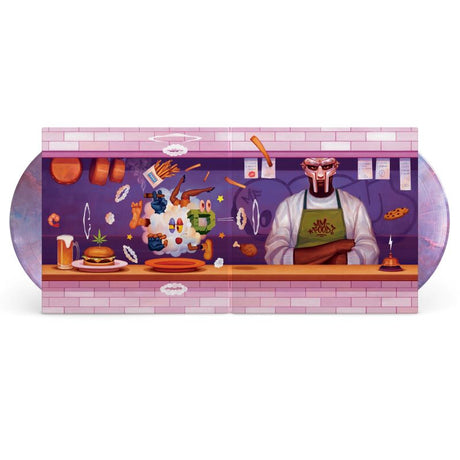 MF DOOM "Mm..Food" 20th anniversary edition interior gatefold art shown with 2 light purple "sweet tart" marble swirl colored vinyl records
