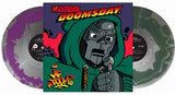 MF DOOM "Operations Doomsday" alternate album cover shown with 2 color vinyl records, one is silver and purple swirl and the other is green and silver swirl