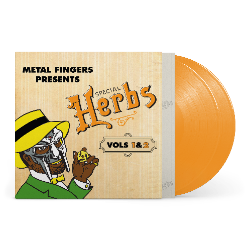 MF Doom - Metal Fingers Presents: Special Herbs Vol. 1 & 2 album cover and mustard vinyl. 
