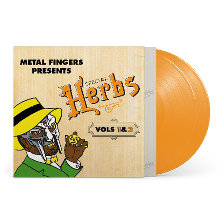 MF Doom - Metal Fingers Presents: Special Herbs Vol. 1 & 2 album cover and mustard vinyl. 