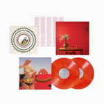 Mac Miller - Watching Movies with the sound off album cover shown with 2 red galaxy colored vinyl records, a bonus zoetrope vinyl record, lyric sheet, and printed inner sleeve