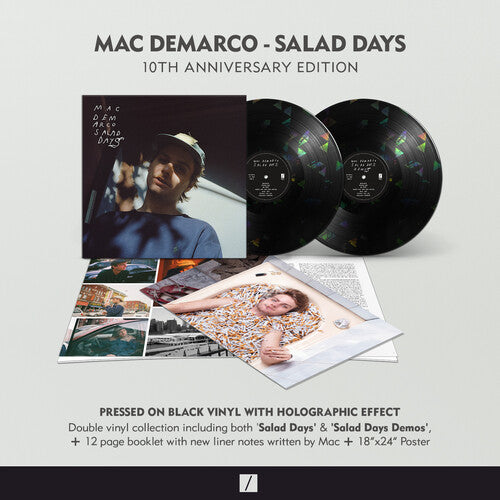 Mac Demarco "Salad Days" 10th Anniversary edition album cover, shown with 2 black holographic vinyl records, plus a booklet and poster