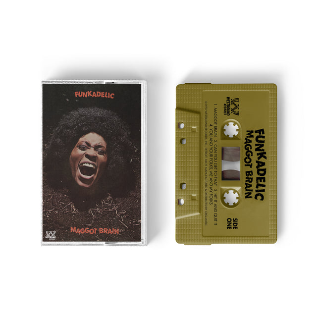Cassette tape case showing woman screaming surrounded by dirt with text Funkadelic Maggot Brain and a gold cassette tape with same text