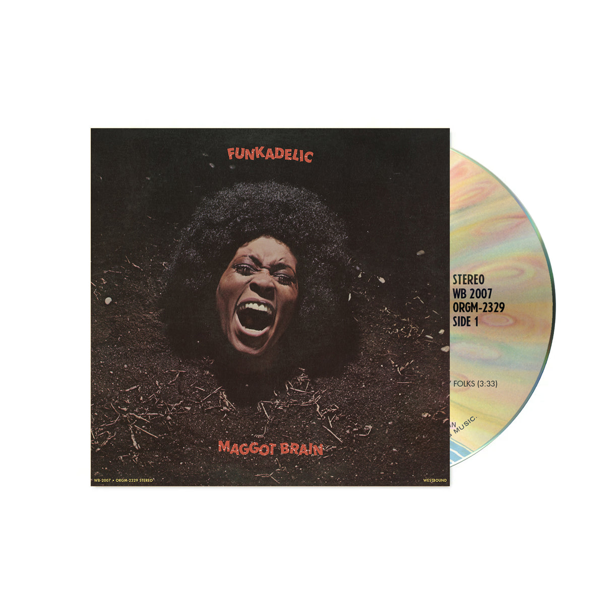 CD Album cover showing woman screaming surrounded by dirt with text Funkadelic Maggot Brain and half of a compact disc sticking out of the sleeve