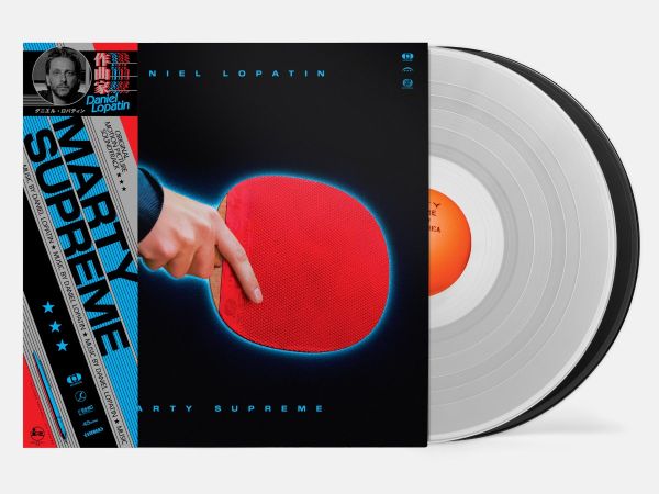 Marty Supreme soundtrack album cover shown with one clear and one black colored vinyl record