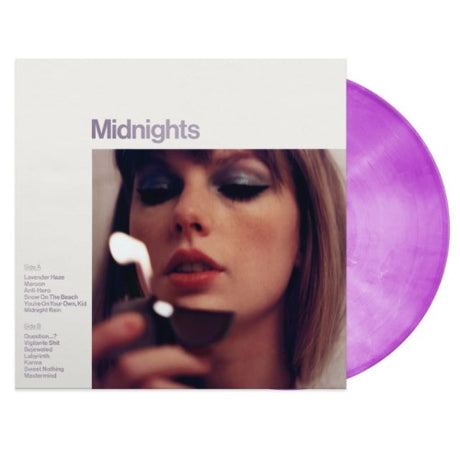 Taylor Swift - Midnights album cover and purple marble vinyl. 