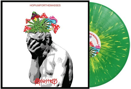 Ministry - Hopiumforthemasses album cover shown with a green vinyl record with yellow splatter