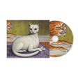 Mitski "Nothing’s About to Happen to Me" album cover with illustration of a white cat shown with a CD with a tiger on it