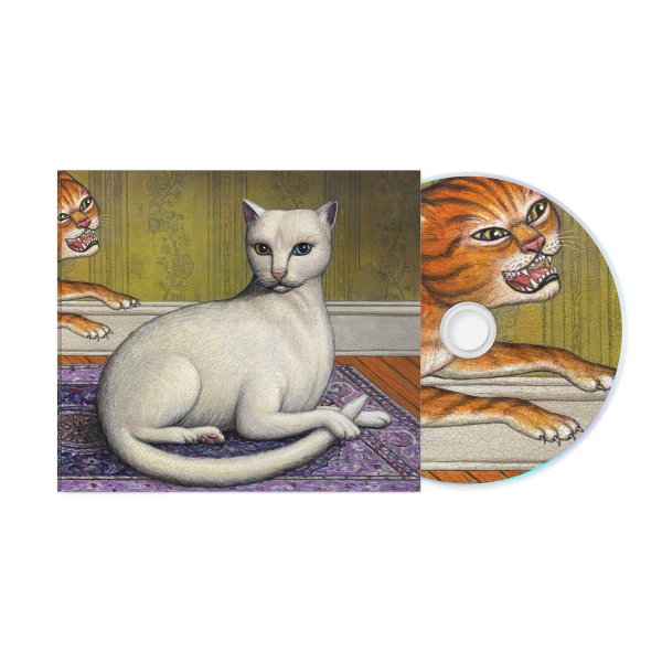 Mitski "Nothing’s About to Happen to Me" album cover with illustration of a white cat shown with a CD with a tiger on it
